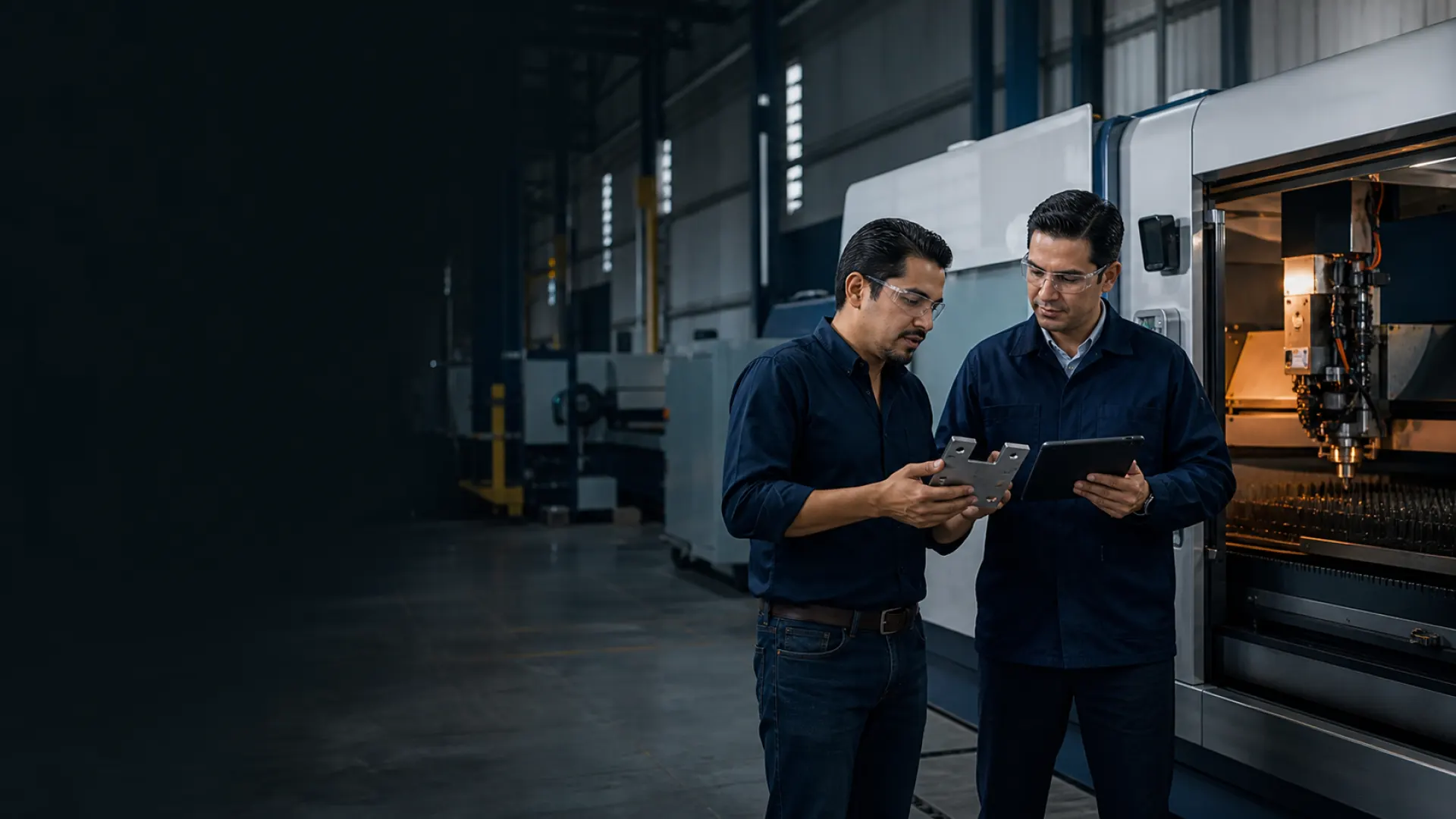 Especialistas revisando un proyecto de fabricación junto a maquinaria industrial